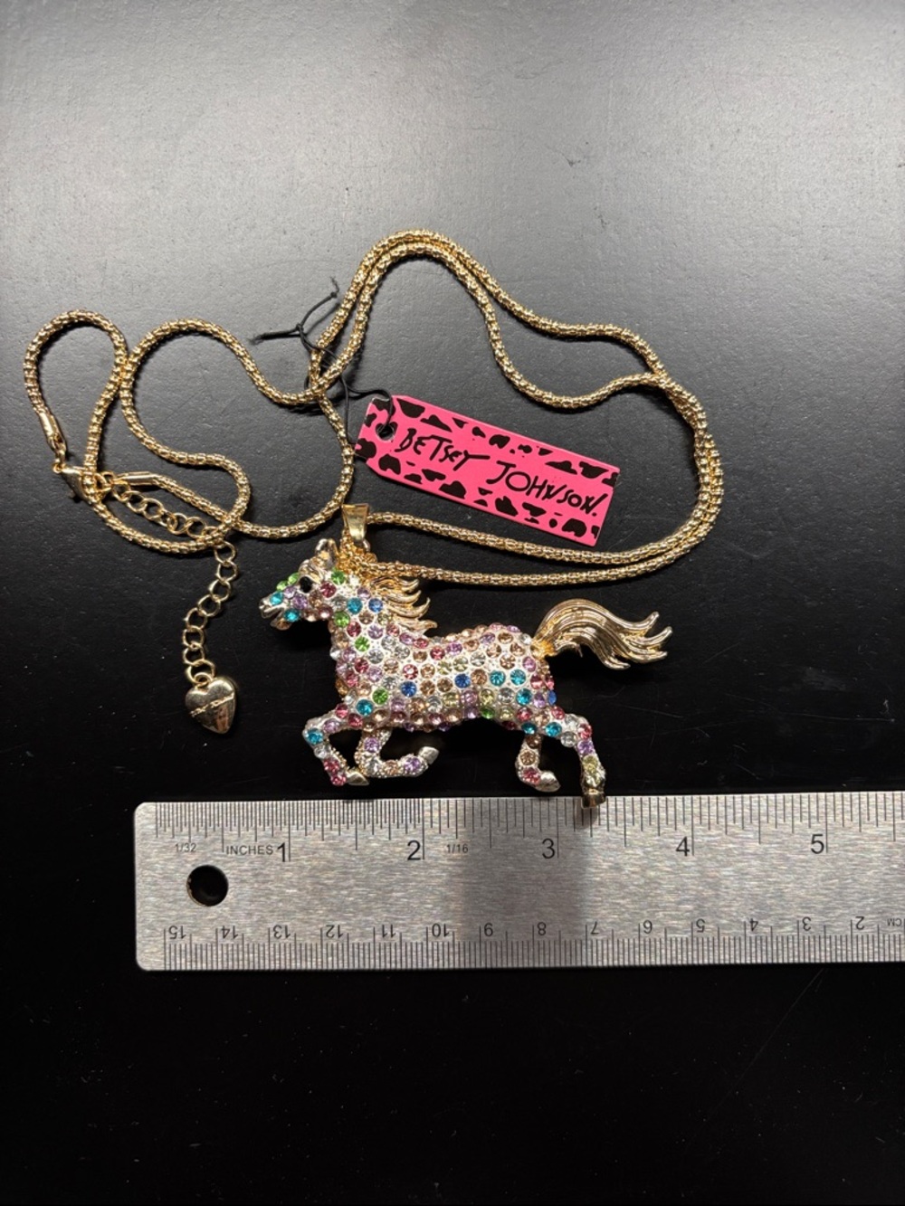 Betsey Johnson Horse Necklace Gold Multicolor Rhinestone Statement Pendant